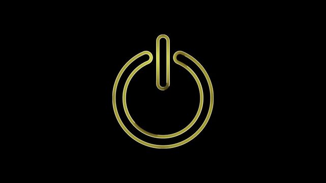 Neon glowing power button icon, with golden video animation on black background
