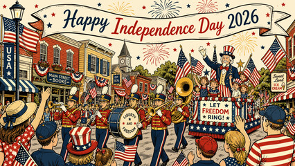 Obraz premium Happy Independence Day 2026 parade with Uncle Sam and marching band