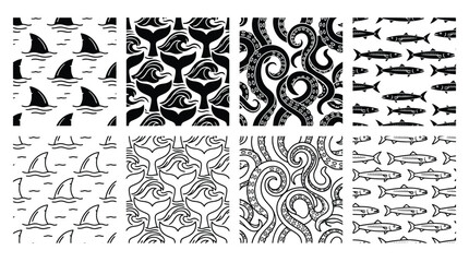 Set of seamless patterns with ocean themes including shark fins, whale tails, octopus tentacles, and fish, black and white vector illustrations © PixelAura_Studio