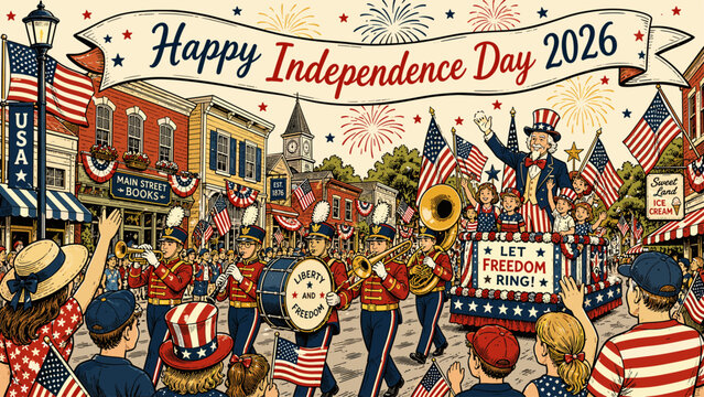 Happy Independence Day 2026 parade with Uncle Sam and marching band