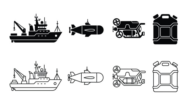 Set of marine equipment icons, including research vessel, submarine, rov and fuel container