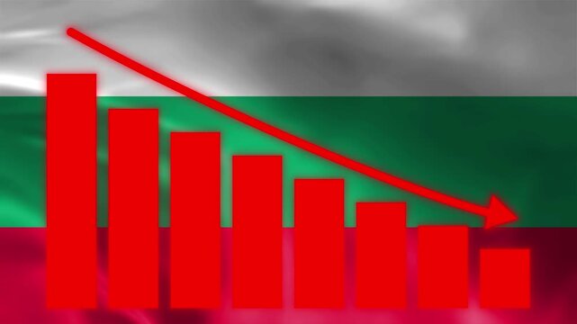 Economic Decline in Bulgaria: A stark visual representation of economic downturn, with a red downward trending graph and bars superimposed over the Bulgarian flag.