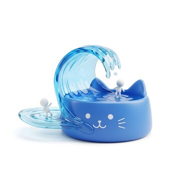 Whimsical cat bowl with blue water wave and tiny figures