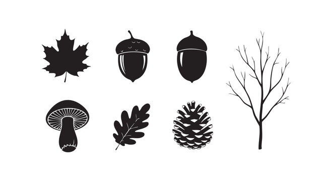 Autumn collection of black silhouette elements including maple leaf acorns mushroom oak leaf pine cone and bare tree.