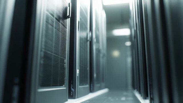 Server racks standing in rows creating an infinite corridor, highlighting big data storage, cloud computing, and modern information technology infrastructure
