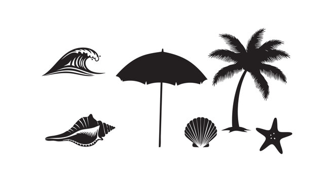 Beach and ocean theme icons including wave umbrella palm tree conch shell clam shell and starfish for vacation.