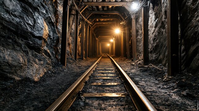 Underground Mining Tunnel with Railway Tracks and Industrial Lighting