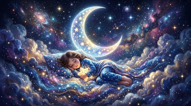 A peaceful girl sleeping on a cloud in a magical starry night sky with a glowing crescent moon