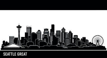 Fototapeta premium Iconic black and white silhouette of the Seattle skyline featuring the Space Needle and Great Wheel, perfect for travel posters and modern web design.