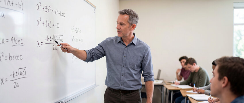 Math teacher explaining equations on a whiteboard in a classroom. Adult male professor pointing at formula while diverse students take notes. High school education