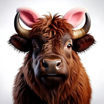 Fuzzy brown bovine with pink ears and horns