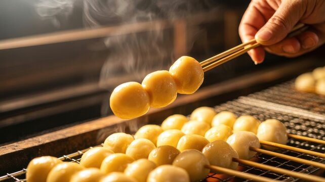 Close up of grilled dango skewers on a wire rack with steam and a hand holding one skewer