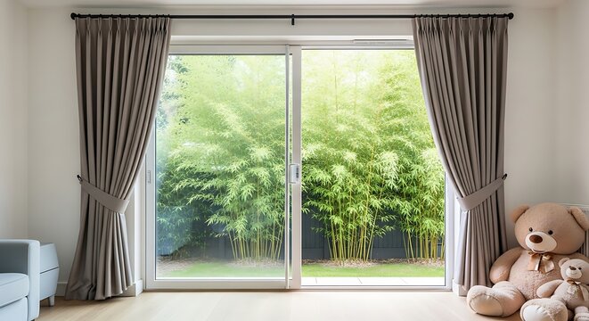 cozy living room with teddy bear by large garden view window