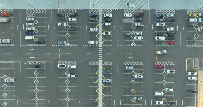 Top Down Drone View of Urban Car Park Traffic 4K