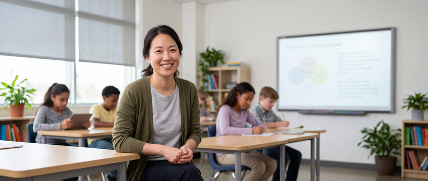Smiling Asian female teacher in a classroom. Diverse elementary students studying at desks in the background. Education and learning concept