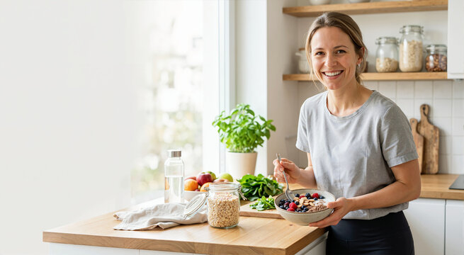 Woman holding bowl of oatmeal with berries. High fiber and weight loss diet concept
