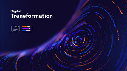 Fototapeta na wymiar Digital Transformation Abstract Background Featuring Glowing Data Rings, Cyber Technology Waves And Futuristic Analytics Systems. Modern Digital Solutions Vector Illustration.