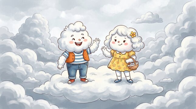 Cute cartoon cloud characters, a boy and a girl, waving hello while standing on a fluffy cloud in the sky