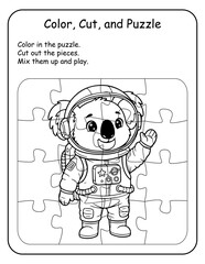 Fototapeta premium Space-themed printable coloring puzzle worksheets for preschool and kindergarten classrooms. Kids color, cut, and reassemble astronaut animal puzzles, building spatial reasoning and fine motor skills.