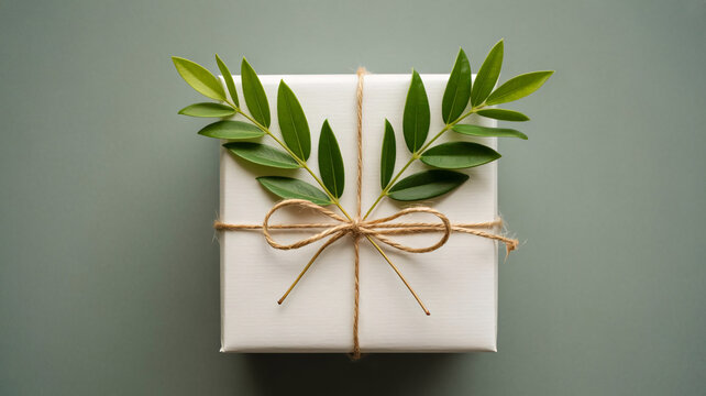 Gift wrapping, wrapped present, green leaves, eco friendly, sustainable packaging