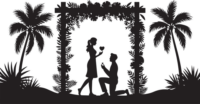 Silhouette of a man proposing to a woman with a ring under a tropical floral archway with palm trees
