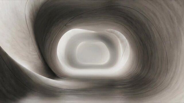Organic tunnel with softly breathing curved white surfaces drawing the camera forward through warm shifting ambient light