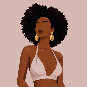 Hand-drawn vector portrait of beautiful Black woman with afro hairstyle. Faceless African American faceless girl in white top and gold earrings. Handcrafted minimalist fashion illustration for avatar.