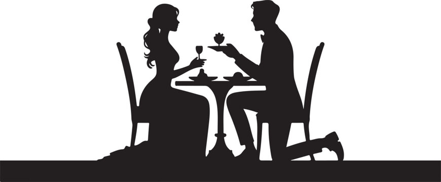 Silhouette of a romantic couple having a dinner date with a man proposing to a woman at a table