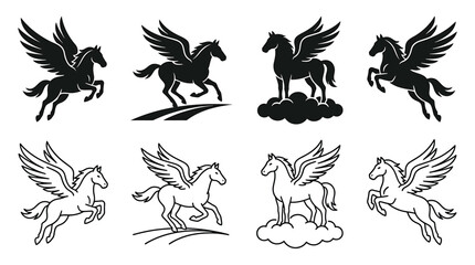 Fototapeta premium Set of pegasus icons, winged horse silhouettes and line art
