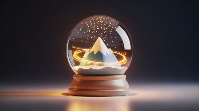 Snow globe, miniature mountain landscape, glass sphere, decorative ornament, winter wonderland scene