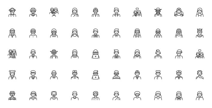 Avatar 8199 icon set. Character icon pack. Minimalist line icons. Featuring Pirate, Hipster, Family, Indian, Cowboy, Angel, Doctor, Chef, Boy, Woman and more. Editable vector stroke.