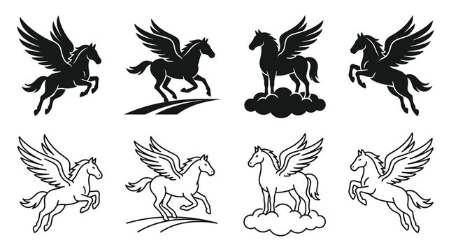 Set of pegasus icons, winged horse silhouettes and line art