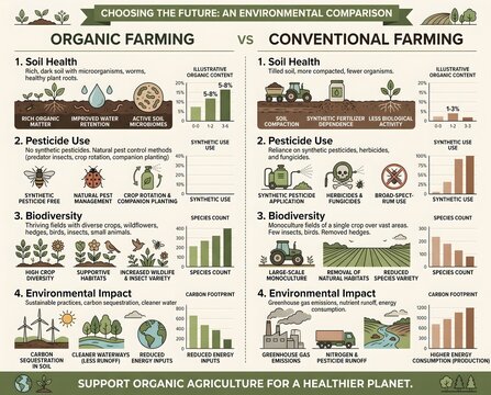 Organic Farming vs Conventional Farming Environmental Comparison Infographic
