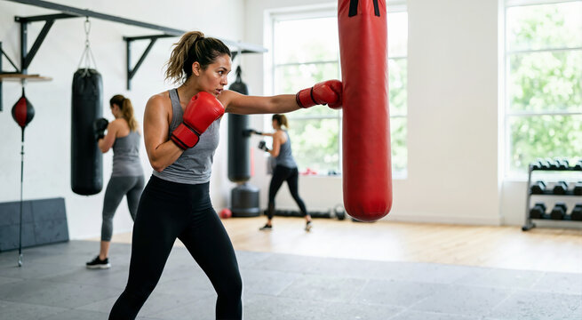 Focused woman punching a red heavy bag in a gym. Female boxercise workout and weight loss training with red boxing gloves