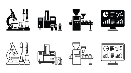 Fototapeta premium Set of laboratory and pharmaceutical industry icons, including microscope, analytical equipment, production line, and data analysis dashboard