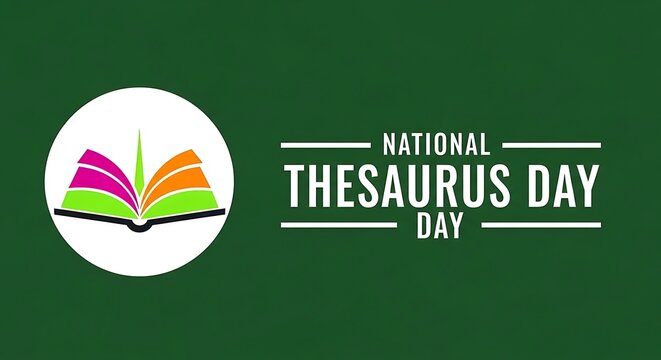 National Thesaurus Day celebration logo with colorful open book icon on green background