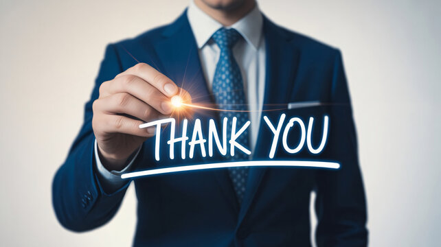 Businessman writing thank you, gratitude message, appreciation concept, corporate thanks