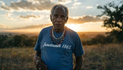 Fototapeta premium Elderly Black Man in Juneteenth 1865 T-Shirt at Sunset
