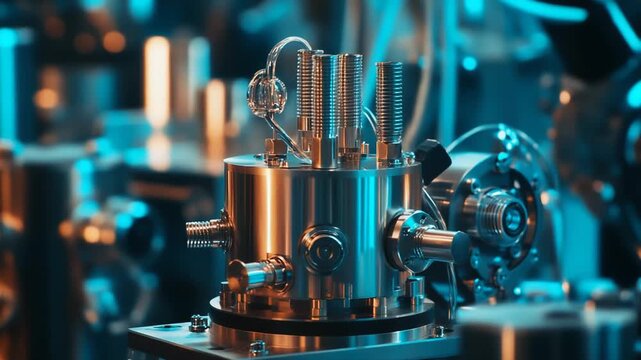 Advanced quantum computing hardware in a high tech laboratory, showing intricate metallic components, precision circuitry and glowing blue orange lights for cutting edge research and innovation
