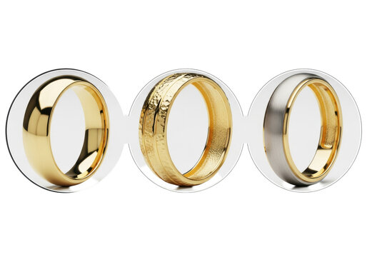 Three 24k yellow gold wedding bands (smooth, hammered, brushed) in a razor-sharp macro studio shot on a seamless high-key white background and ample copy space. Concept for luxury jewelry promotion