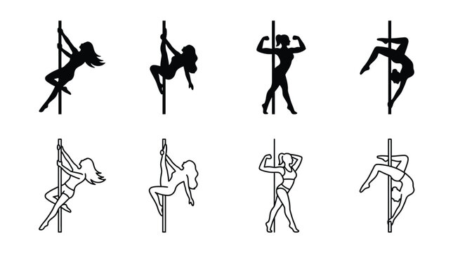 Set of pole dance icons, silhouette and outline style