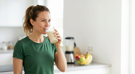 Naklejka premium Smiling woman drinking a protein meal replacement shake in a modern kitchen. Healthy lifestyle and weight loss diet concept