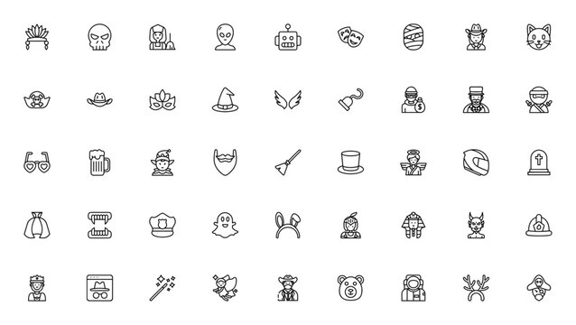 Costume Party icon set. Vector illustration. Costume party icons pack. Includes symbols for dress-up, Halloween, cosplay, masks, hats, costumes and more. Editable vector stroke.
