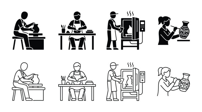 Pottery workshop icons set, ceramic art creation process, clay modeling, firing in kiln and painting vase, vector illustration