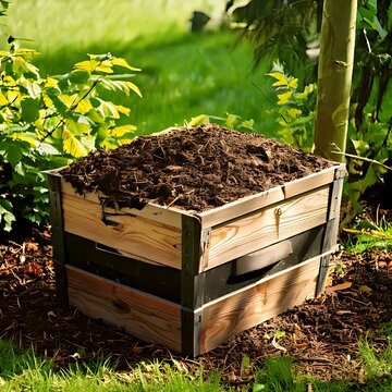 Garden composter full of soil outside
