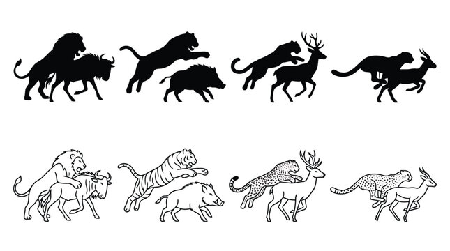 Set of wild animals hunting silhouettes and outline illustrations