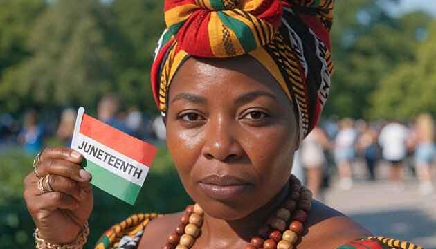 Black Woman Holding Juneteenth Flag, Celebrating Freedom and Heritage
