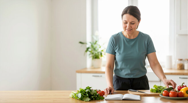 Woman planning a healthy diet with fresh vegetables in the kitchen. Female writing in a notebook for weight loss and nutrition