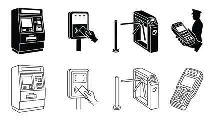 Set of payment and access control icons including atm, card reader, turnstile, and handheld terminal © PixelAura_Studio