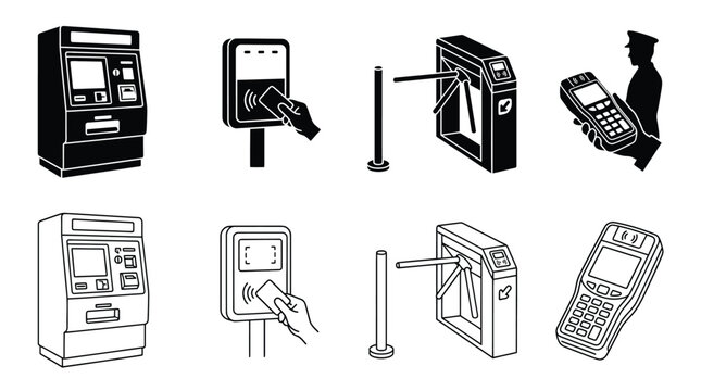 Set of payment and access control icons including atm, card reader, turnstile, and handheld terminal